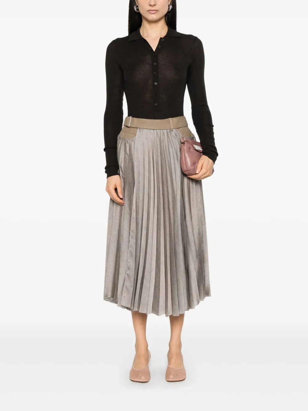 sacai Midi-rok met denim vlakken - Bruin