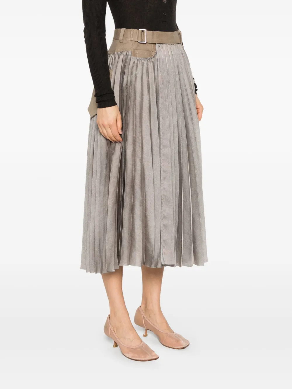 sacai Midi-rok met denim vlakken Bruin