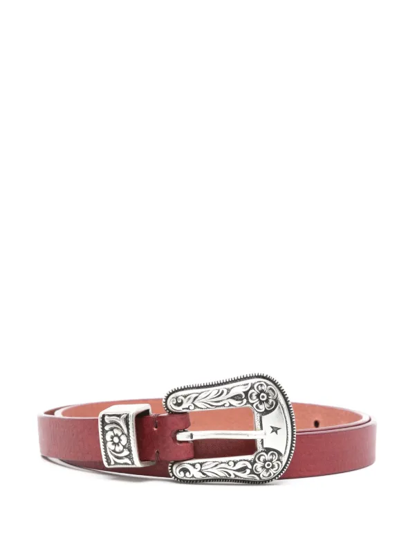 Golden Goose Floral-engraved Buckle Leather Belt in Red