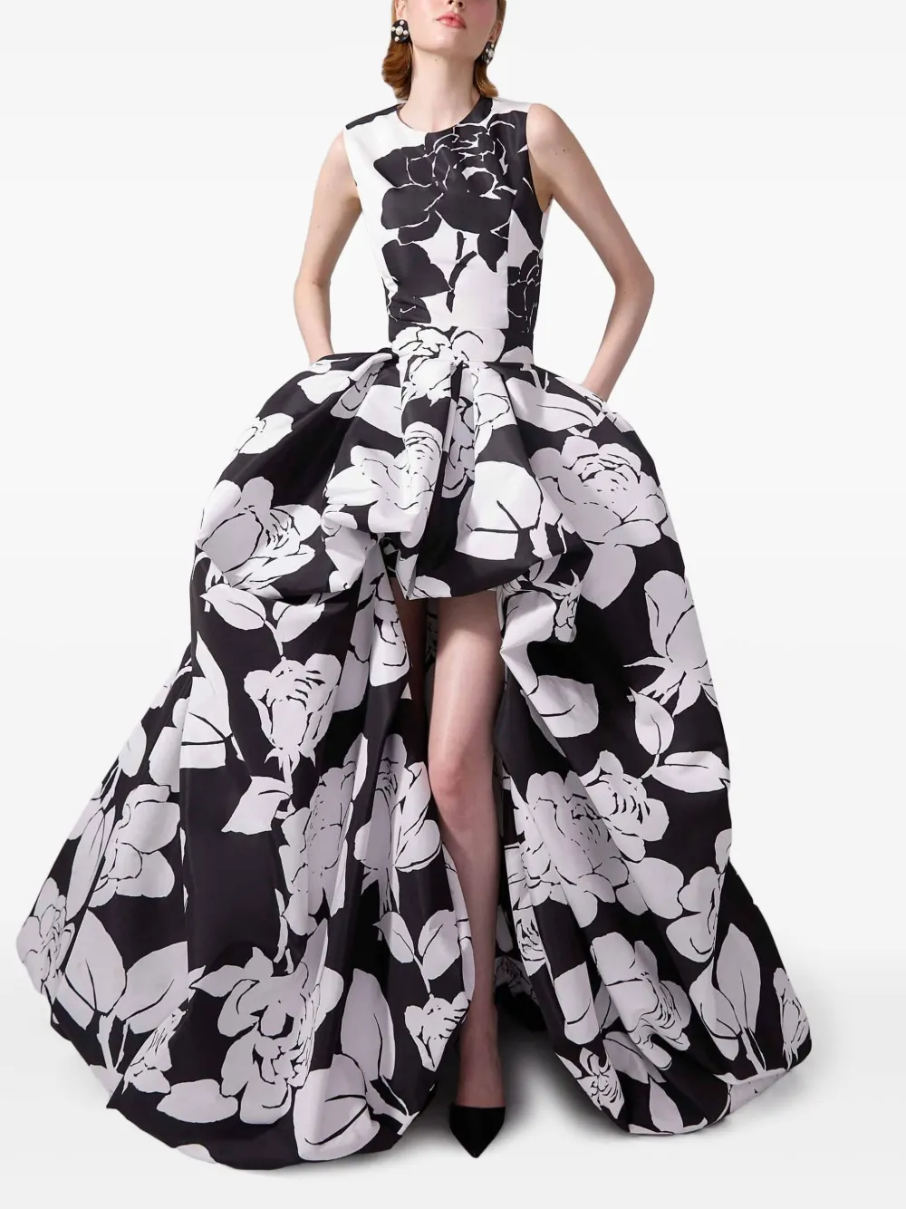 Carolina Herrera Asymmetrische avondjurk met bloemenprint Zwart