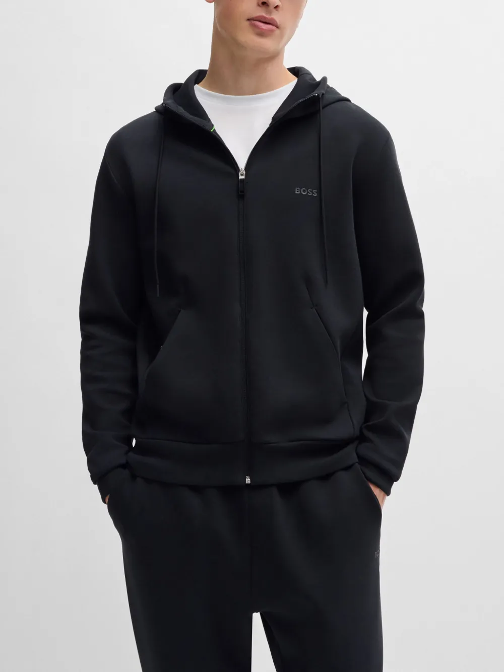 Hugo Boss Stretch-cotton Zip-up Hoodie With Logo Print In Blue