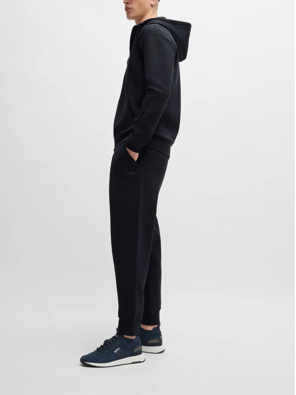 Hugo Boss Stretch-cotton Zip-up Hoodie With Logo Print In Blue