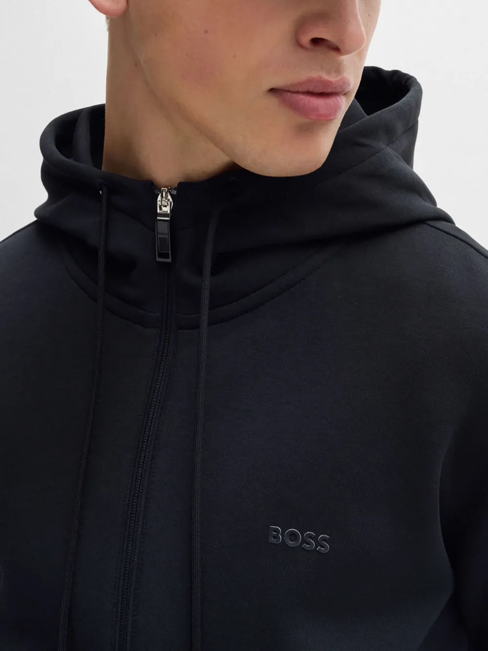 Hugo Boss Stretch-cotton Zip-up Hoodie With Logo Print In Blue