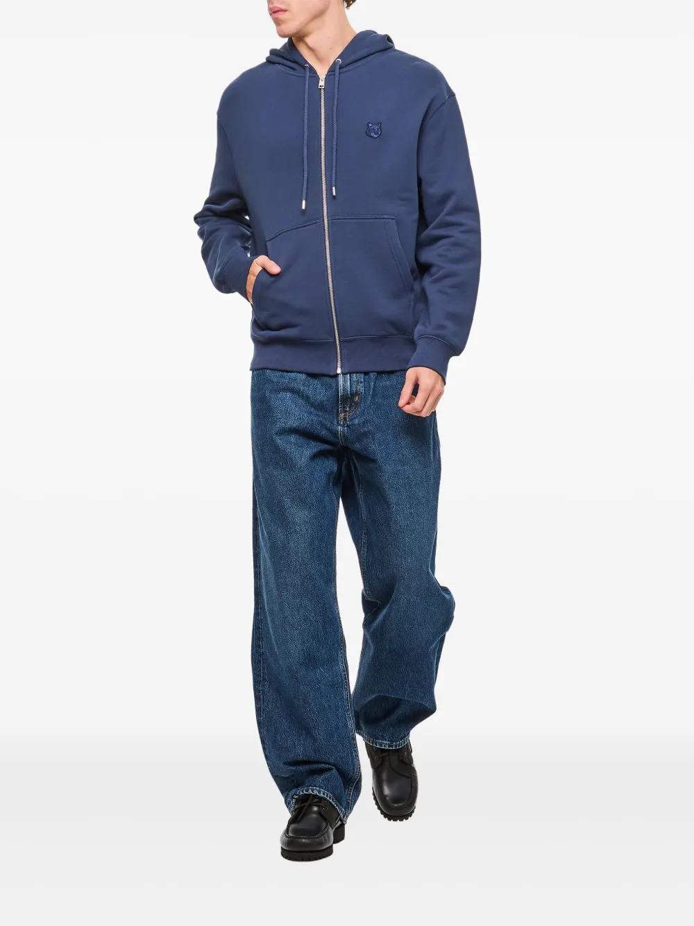 Shop Maison Kitsuné Logo Zip-up Hoodie In Blue