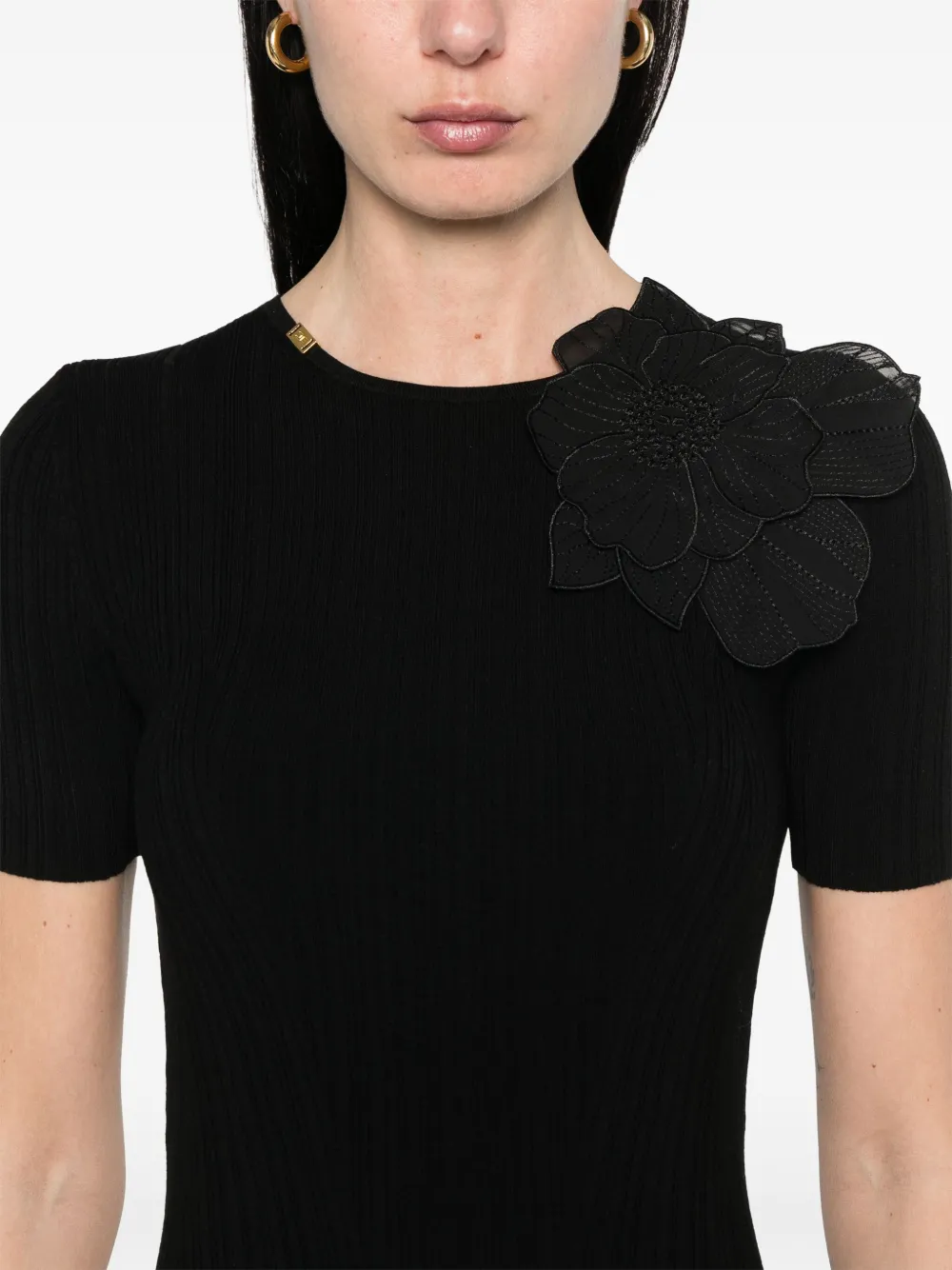 Elisabetta Franchi T-shirt met bloemenapplicatie Zwart