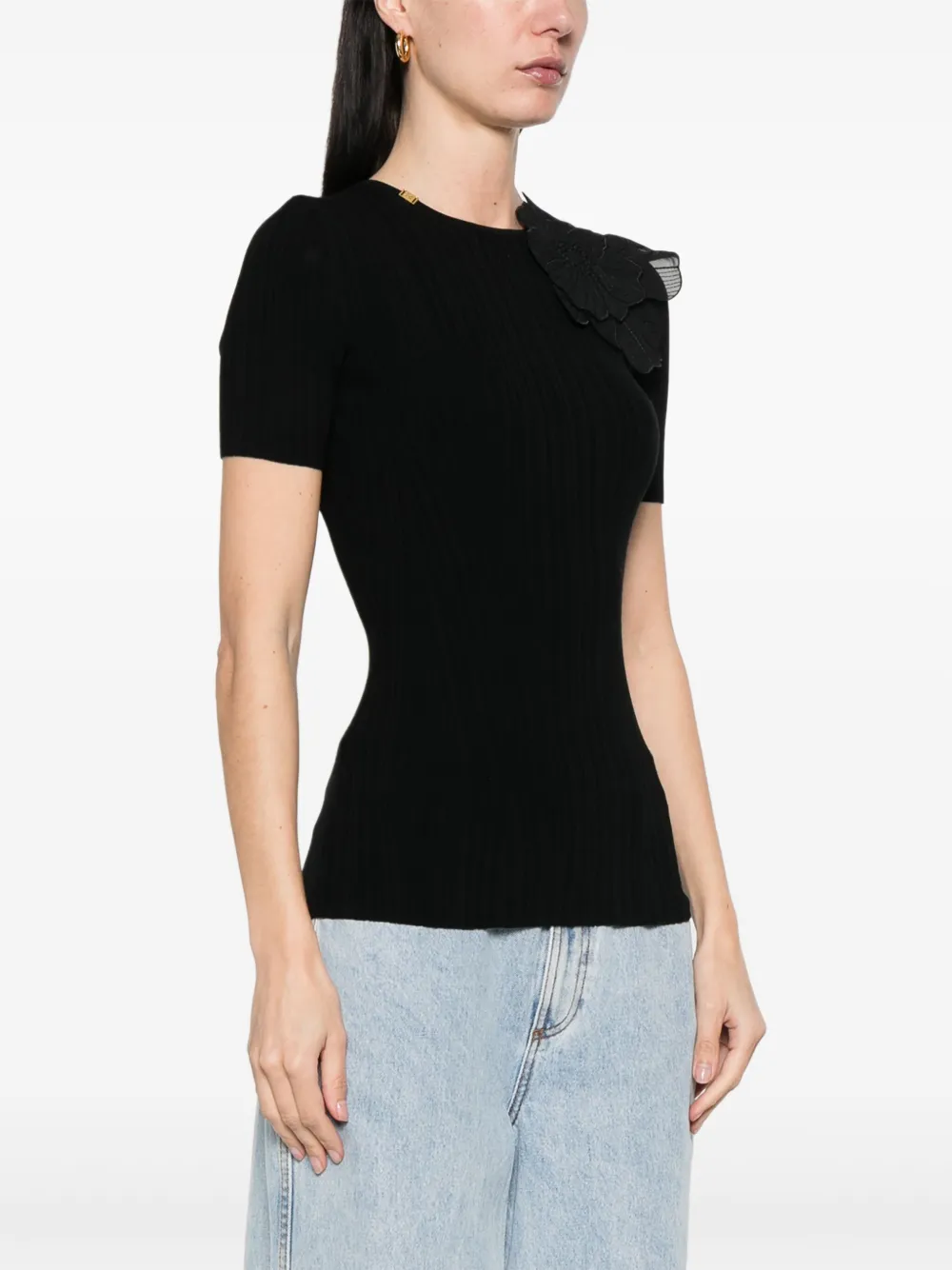 Elisabetta Franchi T-shirt met bloemenapplicatie Zwart