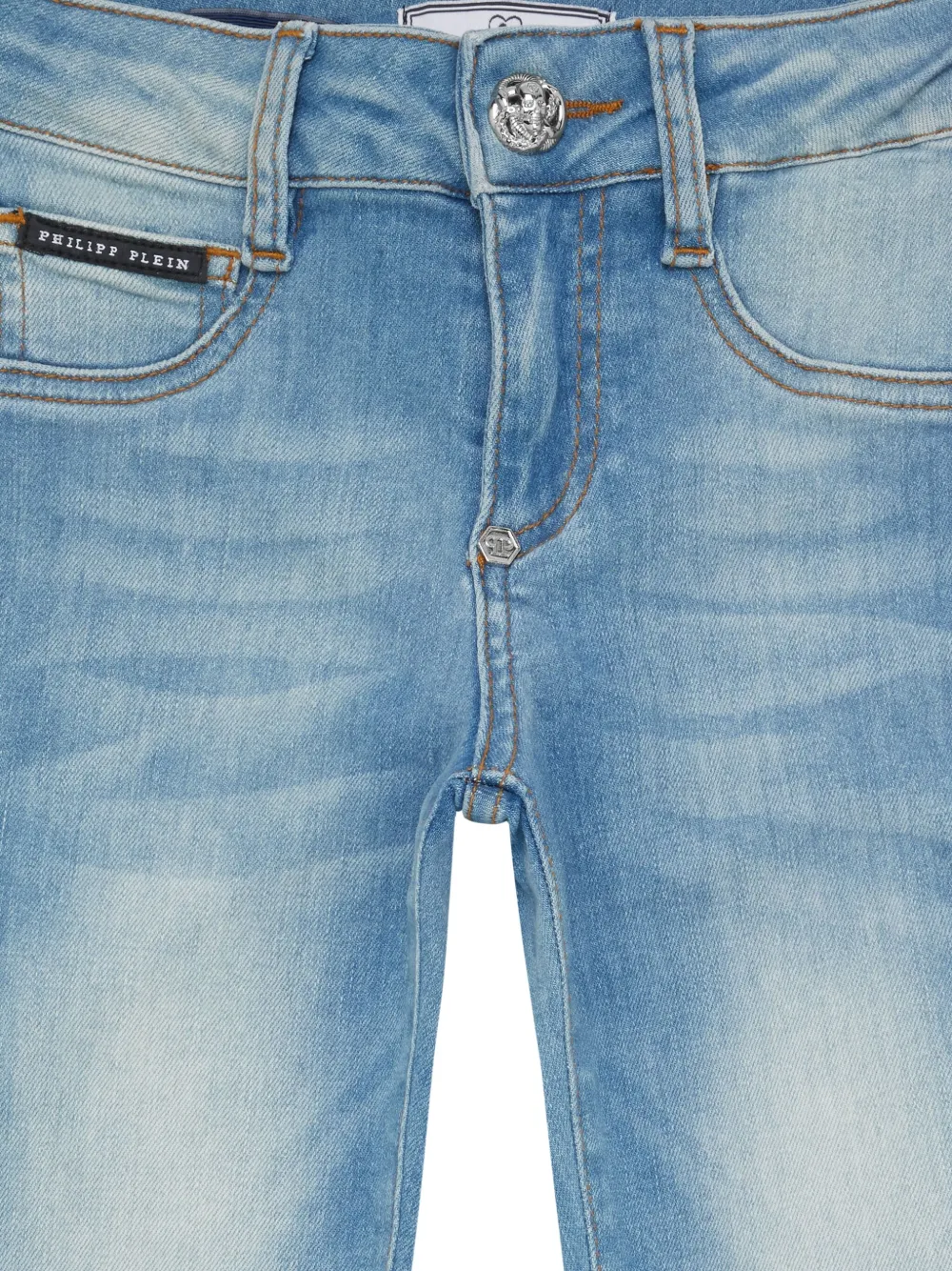 Philipp Plein Junior Jeans met logoplakkaat en lichte wassing Blauw