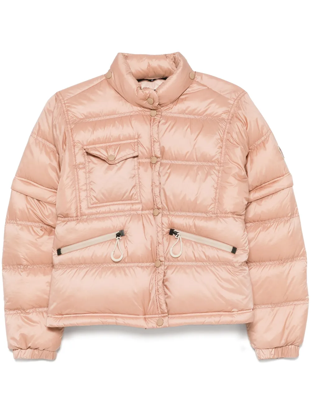 Moncler Quilted High Collar Zippered Pockets Jacket In Pink