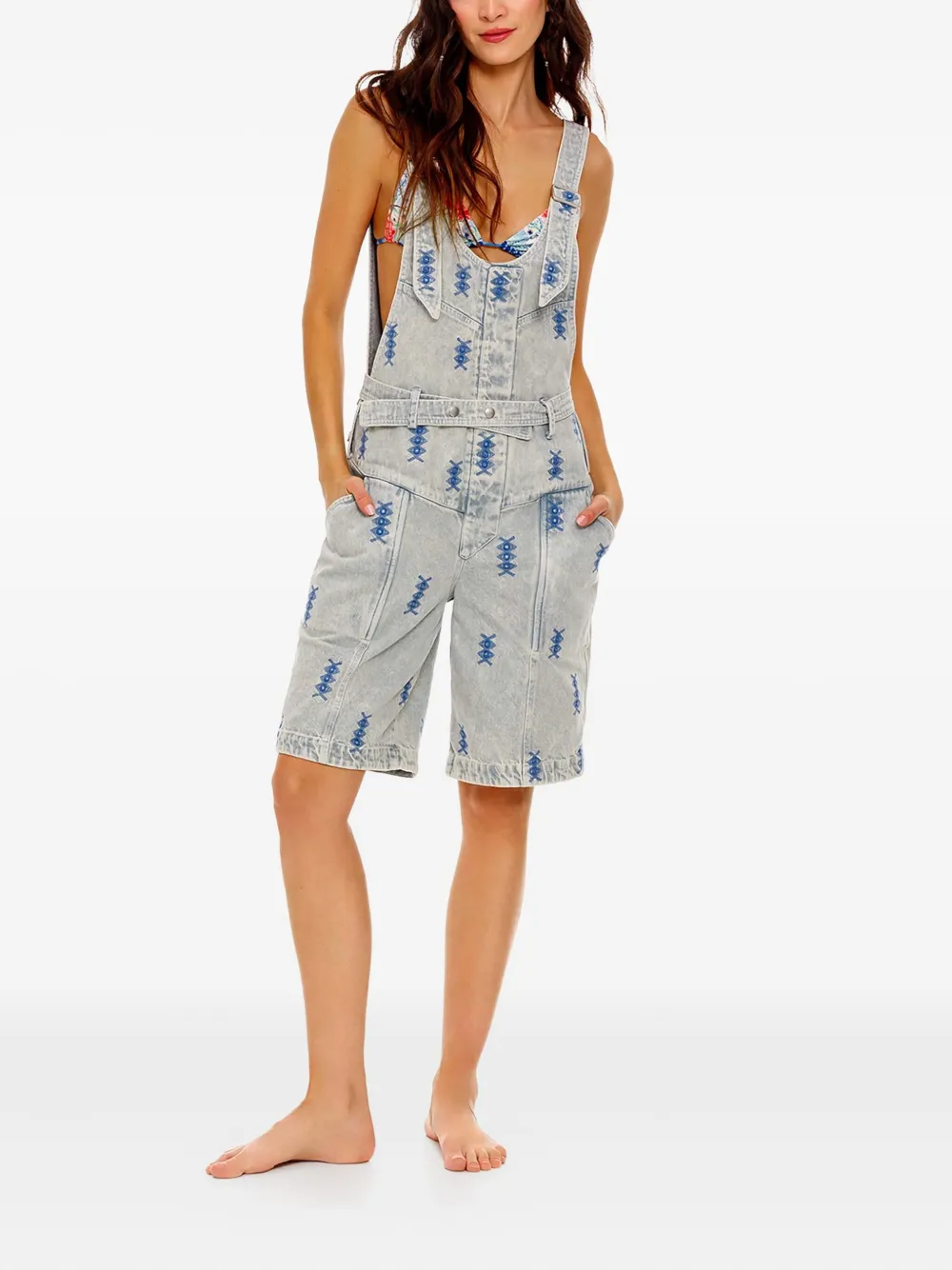  Agua Bendita Freesia Embroidered-denim Jumpsuit - Blue 