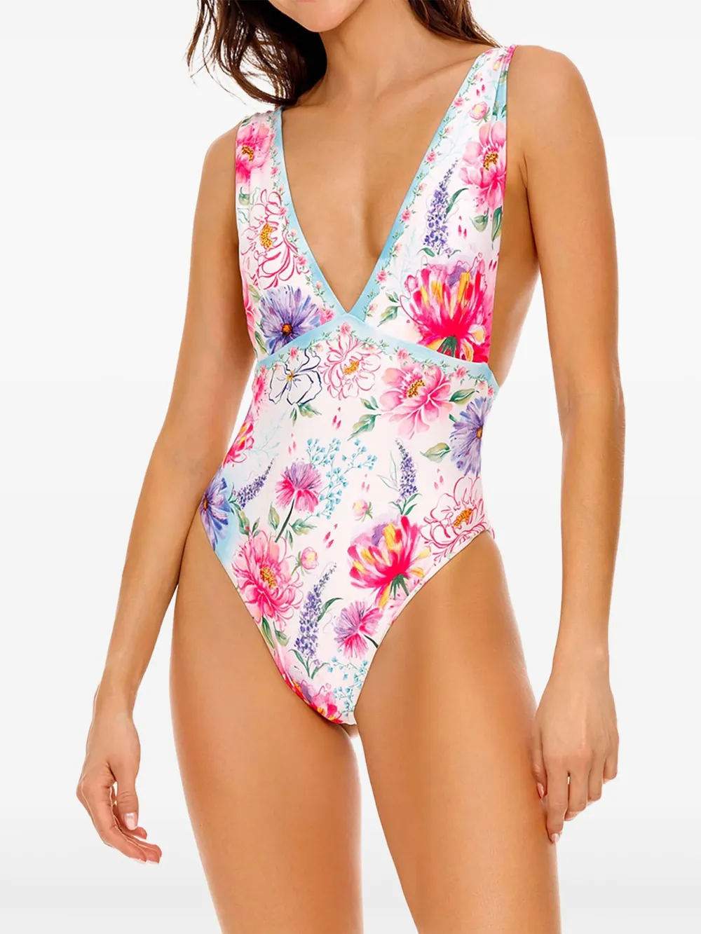 Agua Bendita Tulipa badpak met bloemenprint en V-hals Blauw