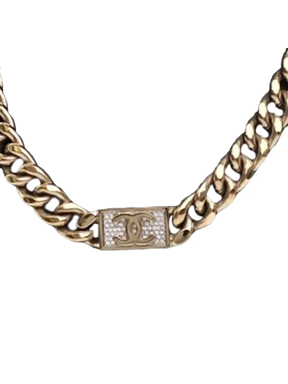 Pre-owned Chanel 2021 Gold Plated Rhinestone Cc Chain Link Choker Necklace Costume Necklace In 金色