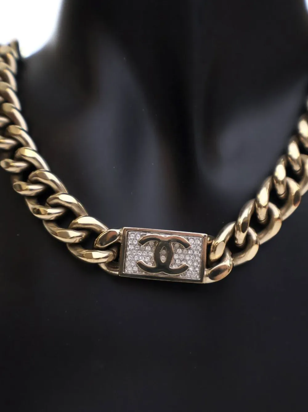 Pre-owned Chanel 2021 Gold Plated Rhinestone Cc Chain Link Choker Necklace Costume Necklace In 金色