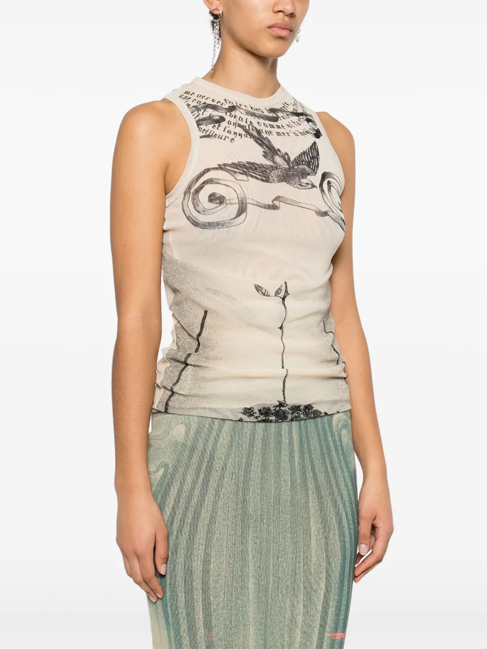 Jean Paul Gaultier Tattoo Print Double Layer Mesh Tank In Neutrals