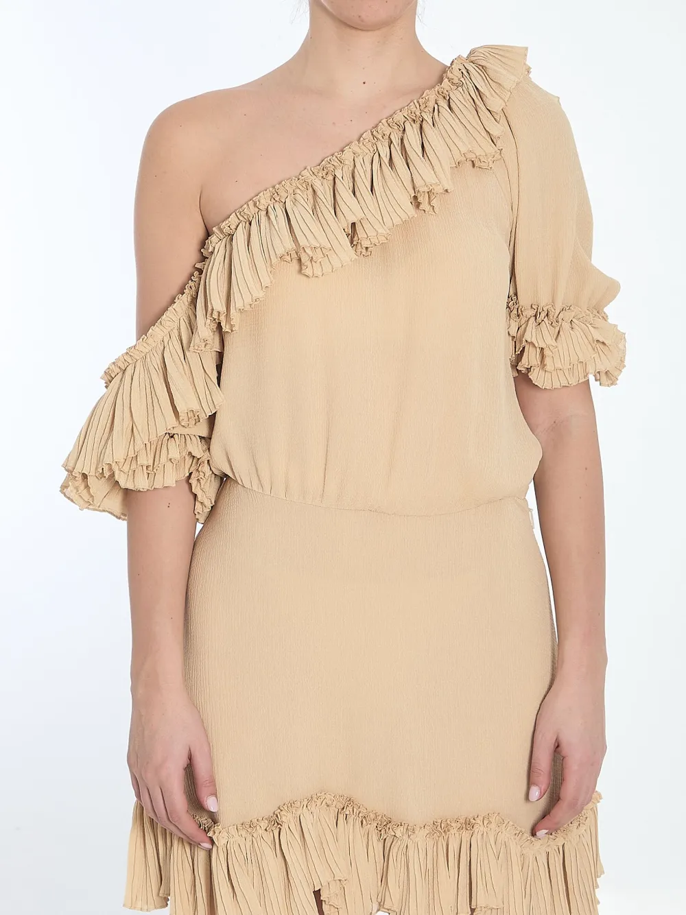 Saint Laurent Beige One-shoulder Dress With Asymmetric Neckline And Poet Sleeves In Silk Woman In Nude