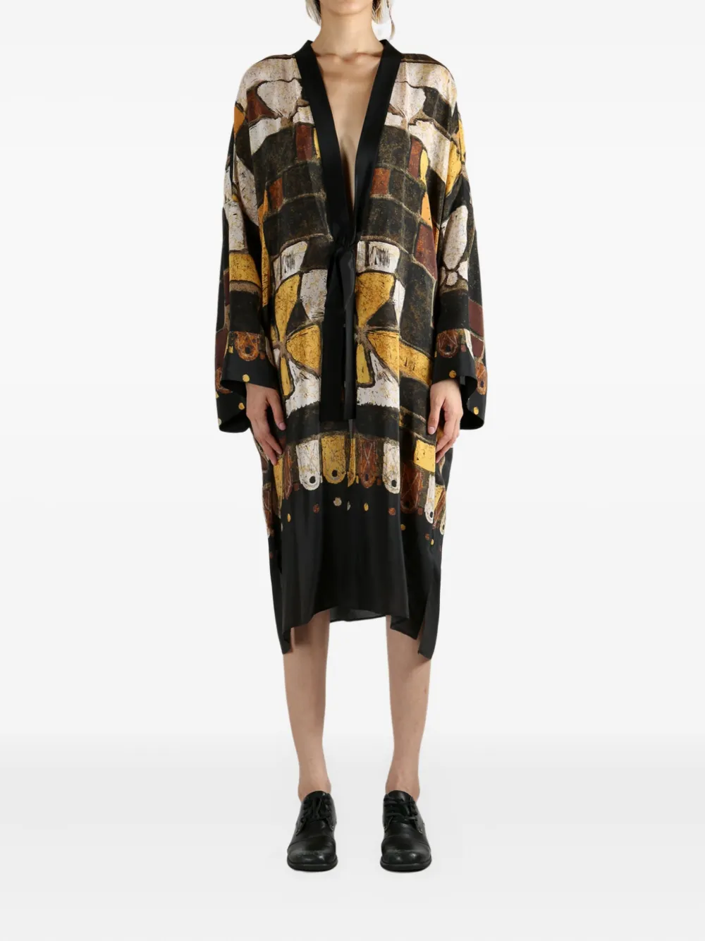 YANGKEHAN abstract-print tie-front coat - Zwart