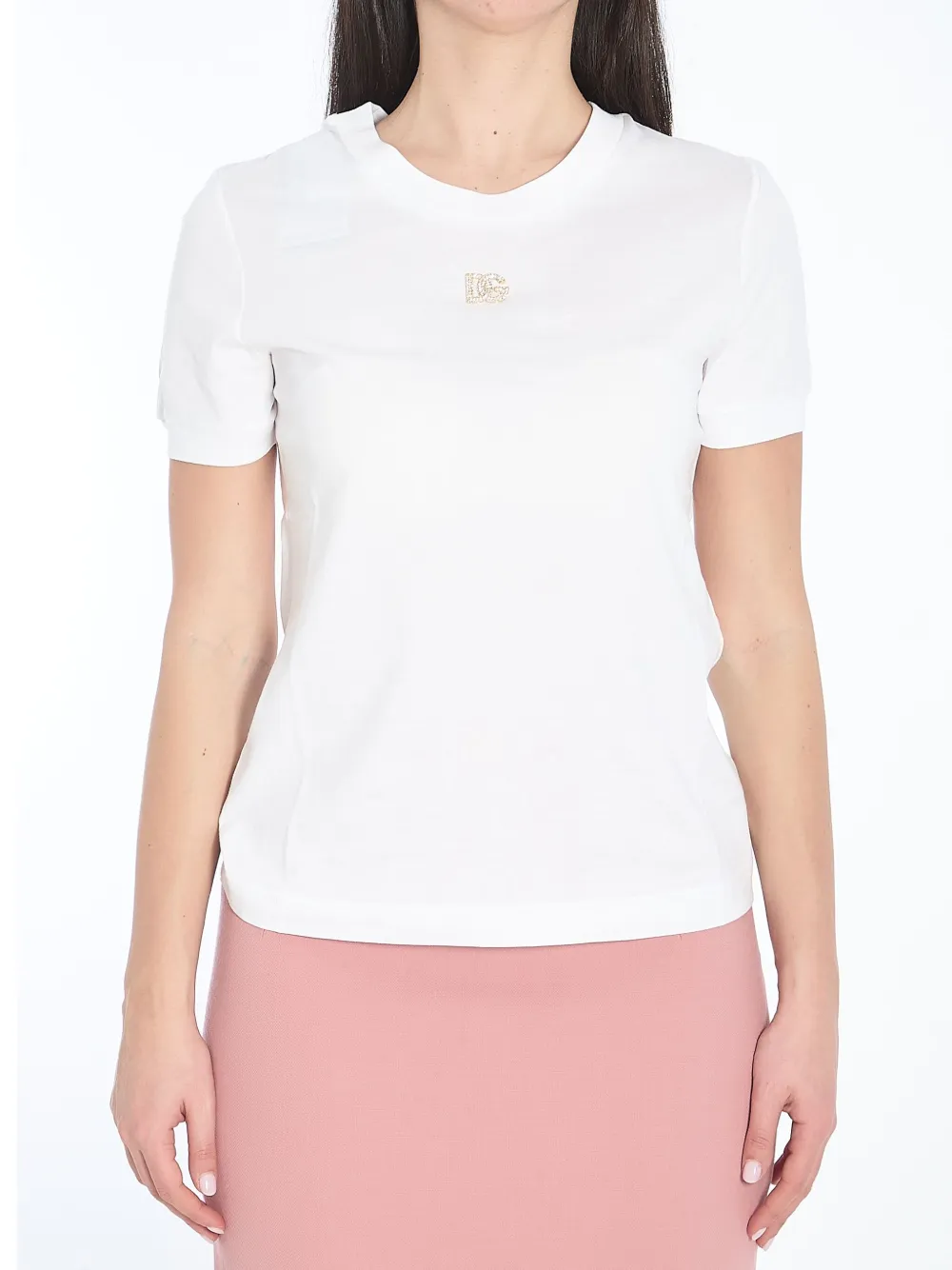 Dolce & Gabbana White T-shirt With Dg Logo On The Front Finished With Rhinestones In Cotton Woman In Weiss