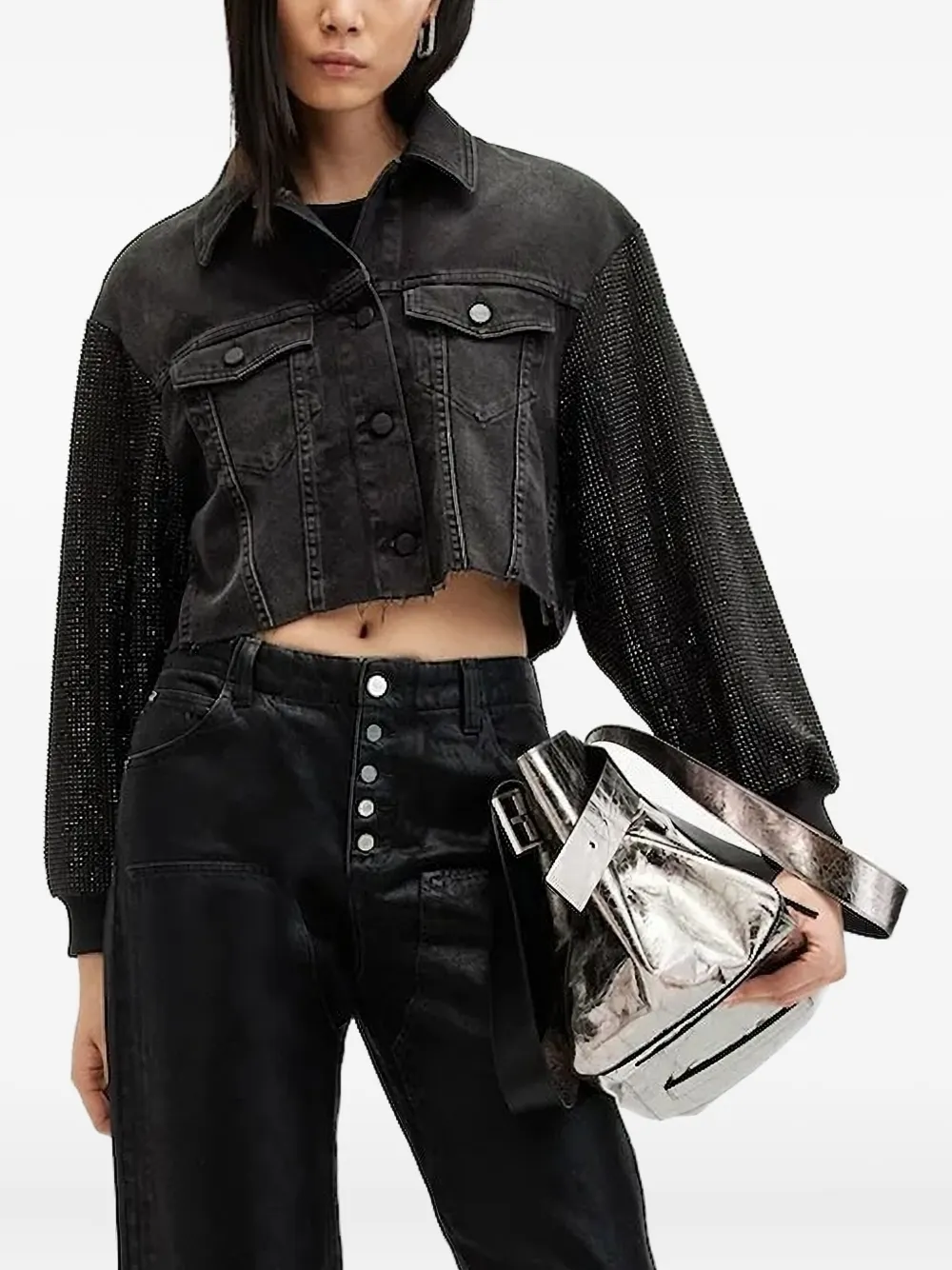Allsaints Embellished-sleeves Denim Jacket In Black