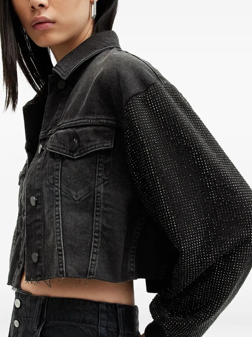 Allsaints Embellished-sleeves Denim Jacket In Black