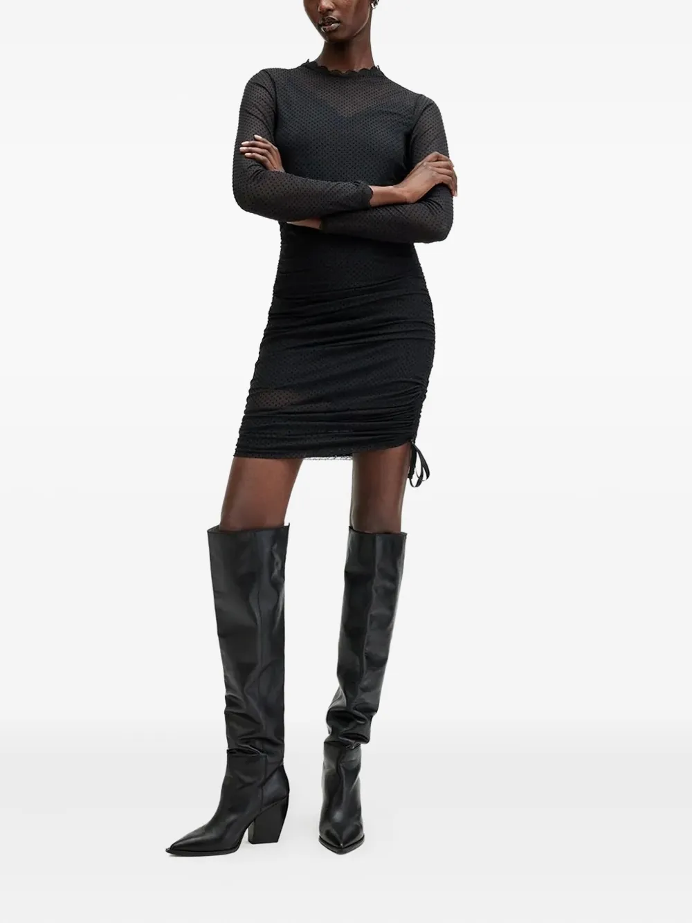Allsaints Adara Lace-trimmed Mesh Mini Dress In Black