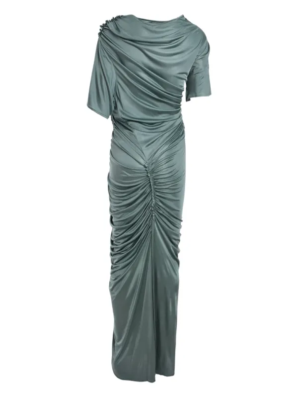 atlein women's plunging neckline dress in grey Asymmetric Ruched Midi | Green C-Purple