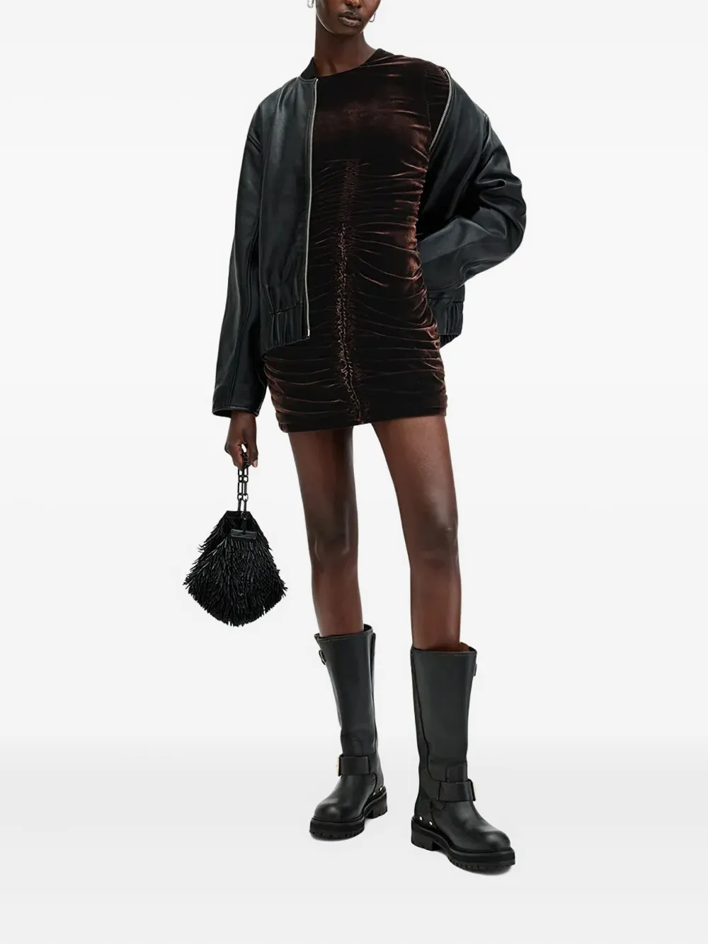 AllSaints Jurk met ruches en lange mouwen Bruin