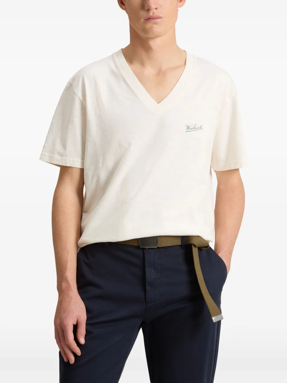 Woolrich T-shirt met slub-textuur en V-hals Wit