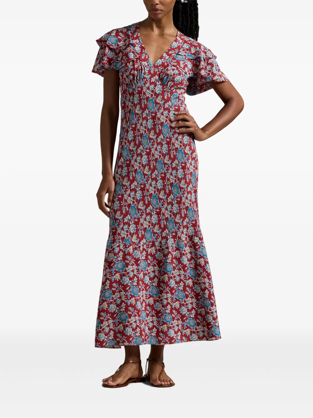 POLO RALPH LAUREN FLORAL-PRINT SILK MIDI DRESS