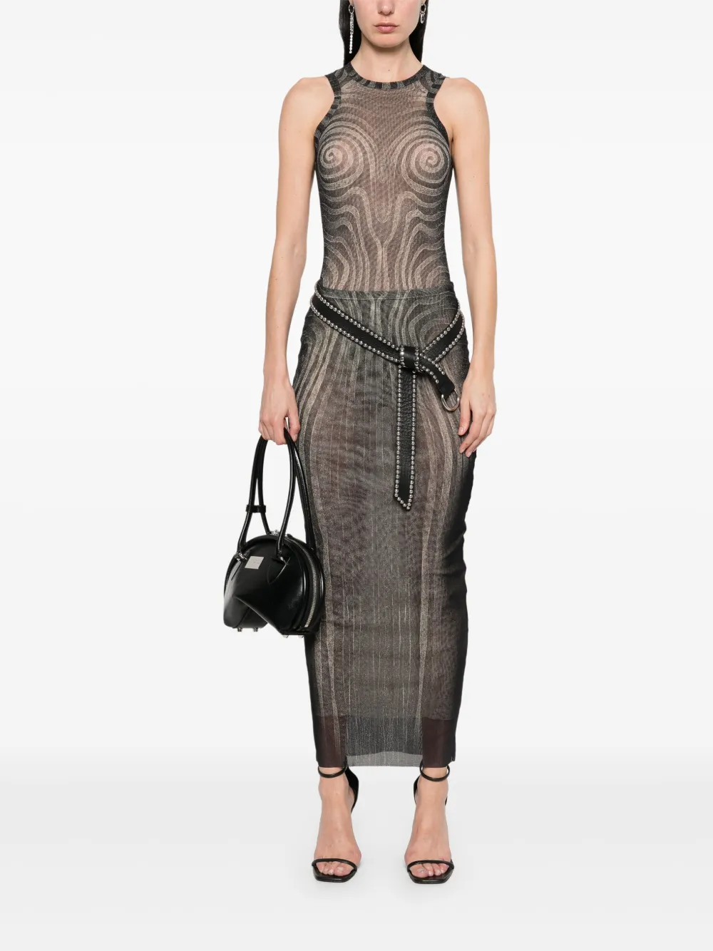 Jean Paul Gaultier Spiral maxi-rok met mesh - Zwart