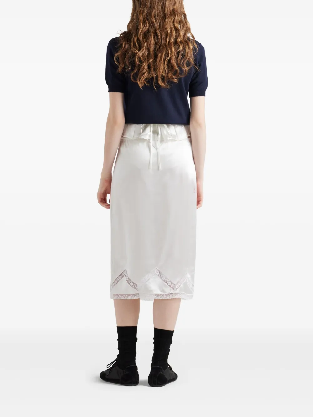 Prada White Skirt With Lace Trim And Drawstring Waist In Weiss