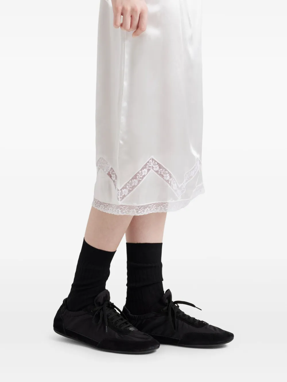 Prada White Skirt With Lace Trim And Drawstring Waist In Weiss