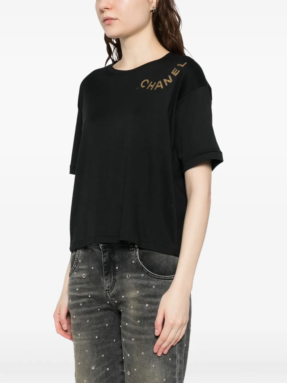 Pre-owned Chanel 1990-2000s Round Neck Short Sleeve Top In Black
