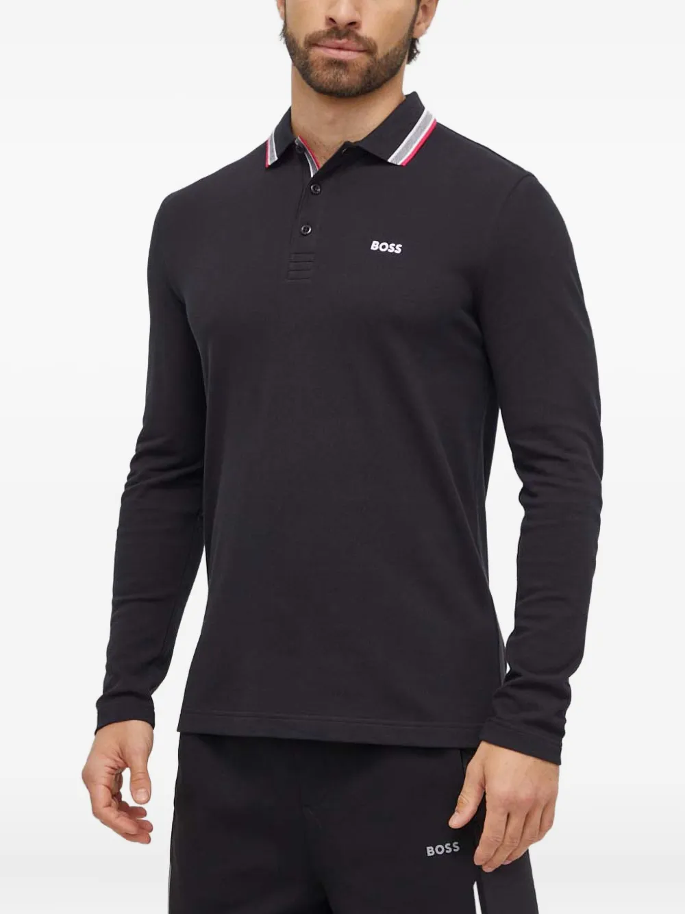 BOSS long-sleeve tipped-collar polo shirt | Black | Image 1