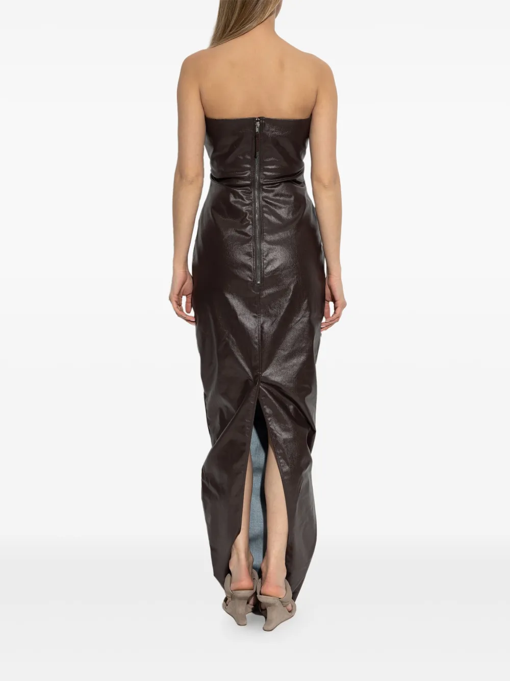 Rick Owens Strapless Coated Denim Gown In Brown