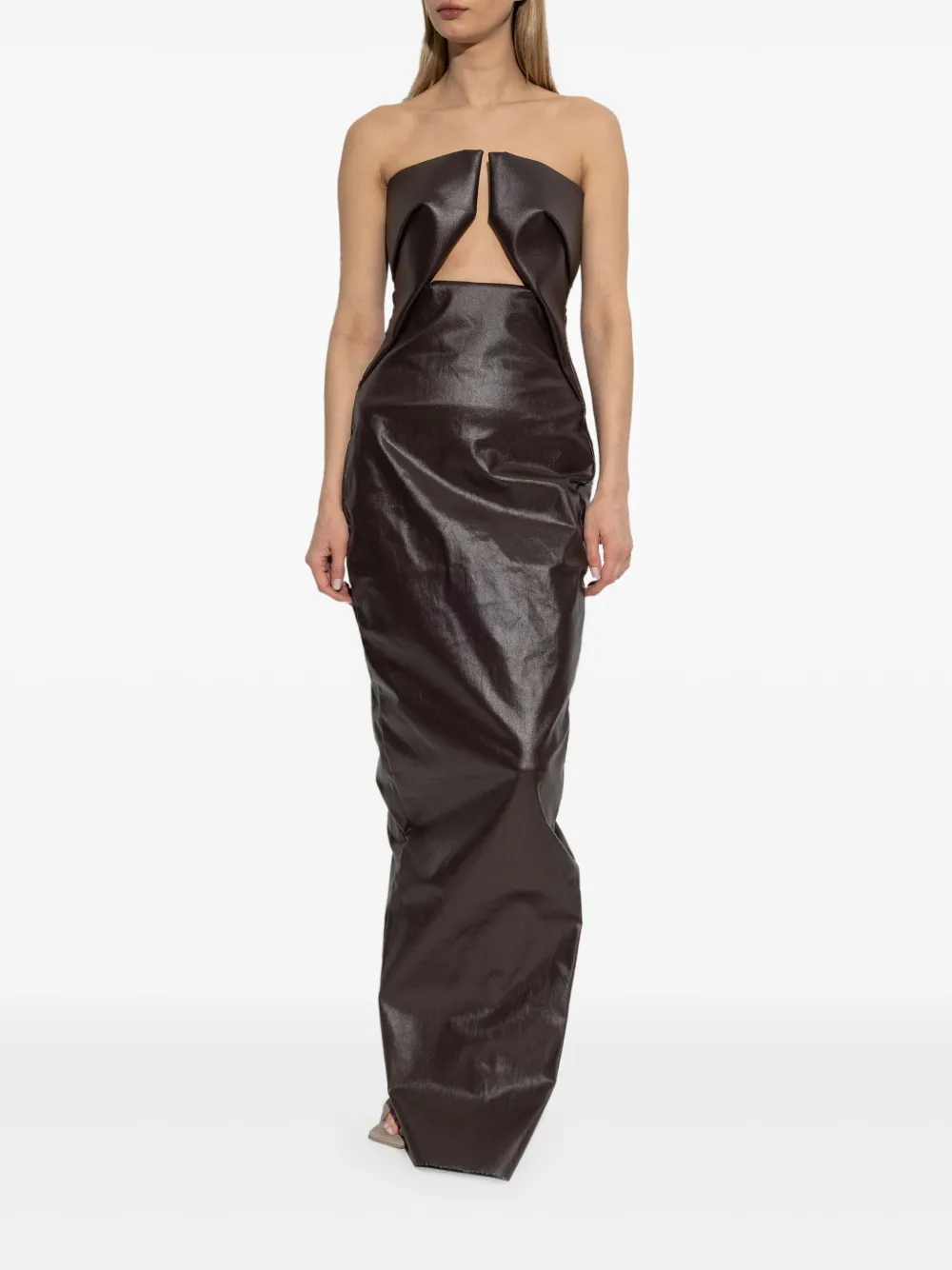 Rick Owens Strapless Coated Denim Gown In Brown