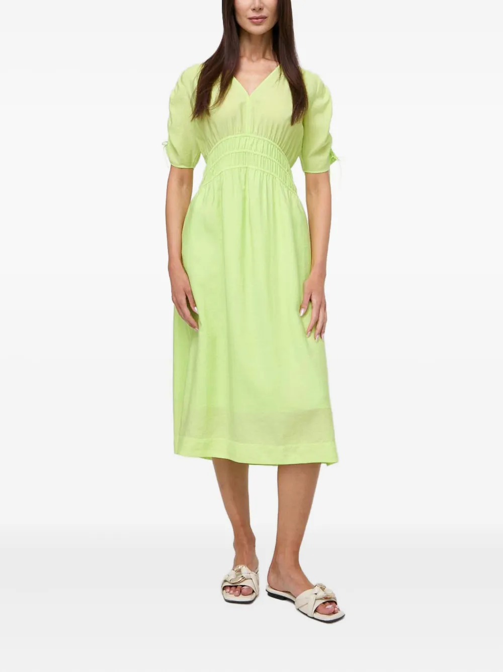 Hugo Boss Puff-sleeve Smocked Midi Dress In Green