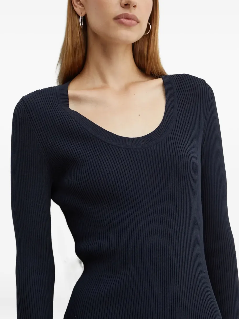 Hugo Boss Long-sleeved Knitted Dress With Ribbed Structure And V Neckline In Blue