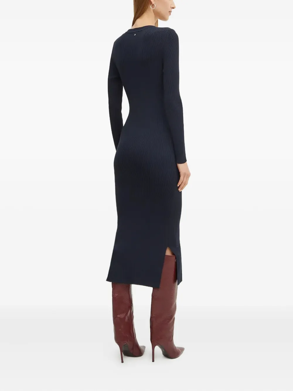 Hugo Boss Long-sleeved Knitted Dress With Ribbed Structure And V Neckline In Blue
