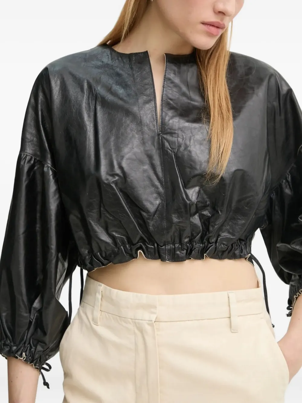 Day Birger Et Mikkelsen Drawstring-cuffed Leather Blouse In Black