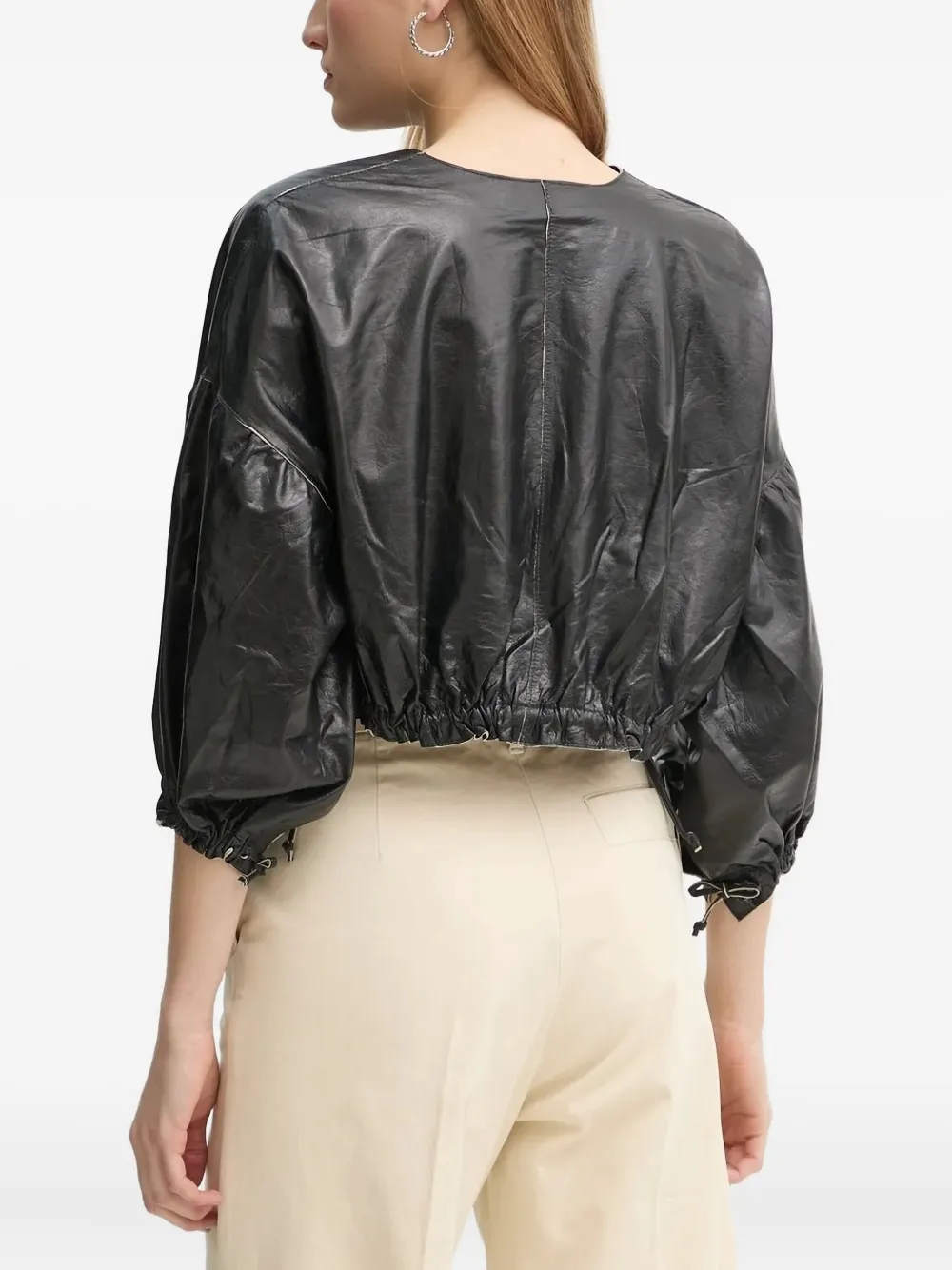 Day Birger Et Mikkelsen Drawstring-cuffed Leather Blouse In Black