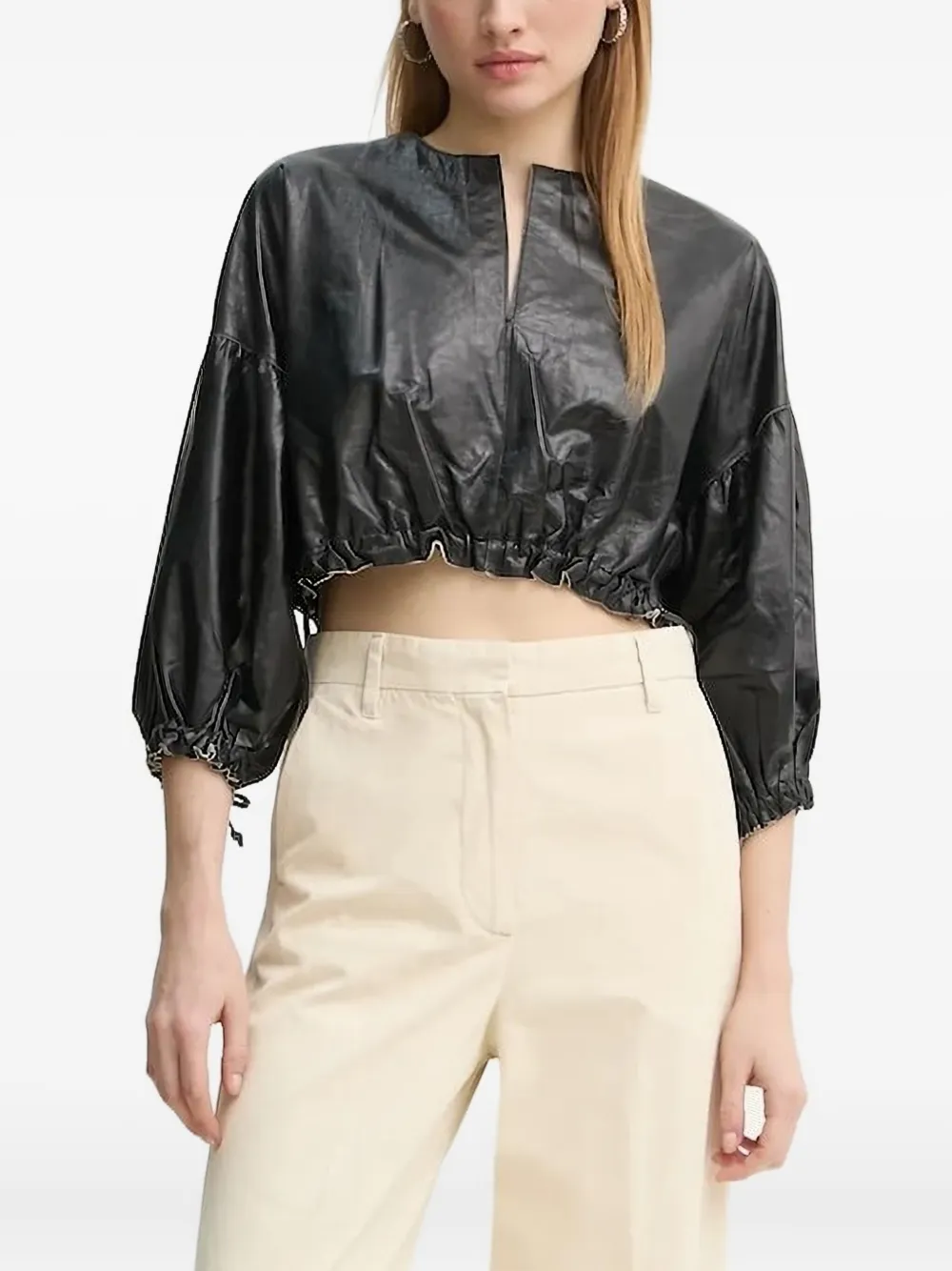 Day Birger Et Mikkelsen Drawstring-cuffed Leather Blouse In Black