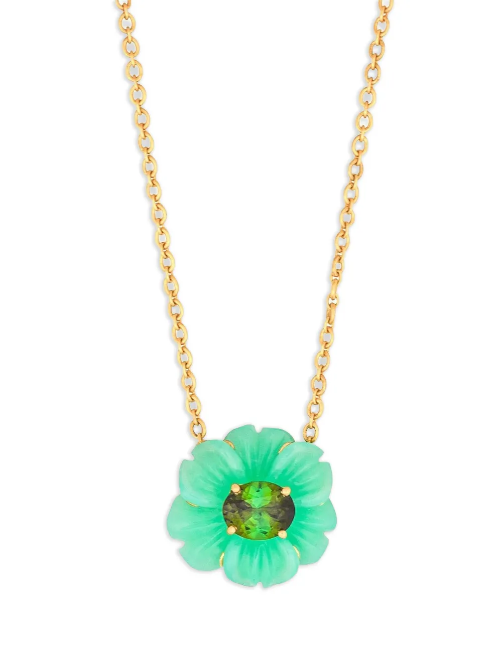 18K yellow gold Tropical Flower chrysoprase and tourmaline necklace