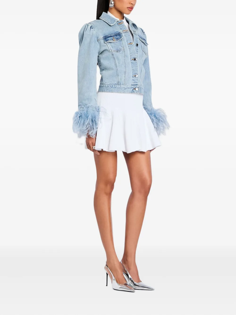 Retroféte Liby Puff-sleeve Feather-trimmed Denim Jacket In Blue