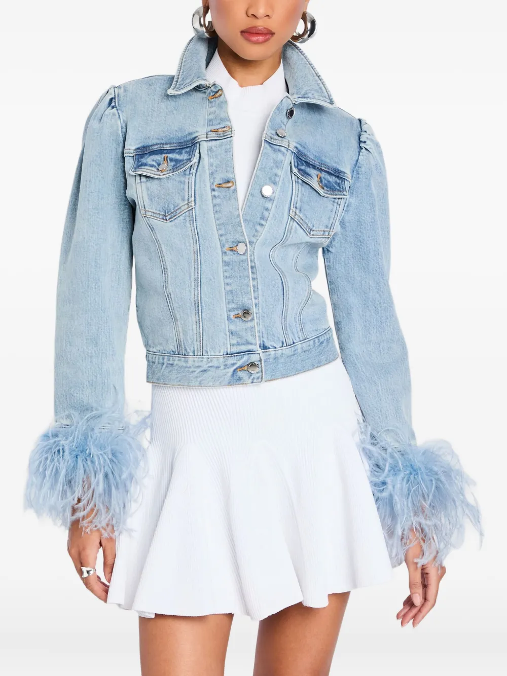 Retroféte Liby Puff-sleeve Feather-trimmed Denim Jacket In Blue