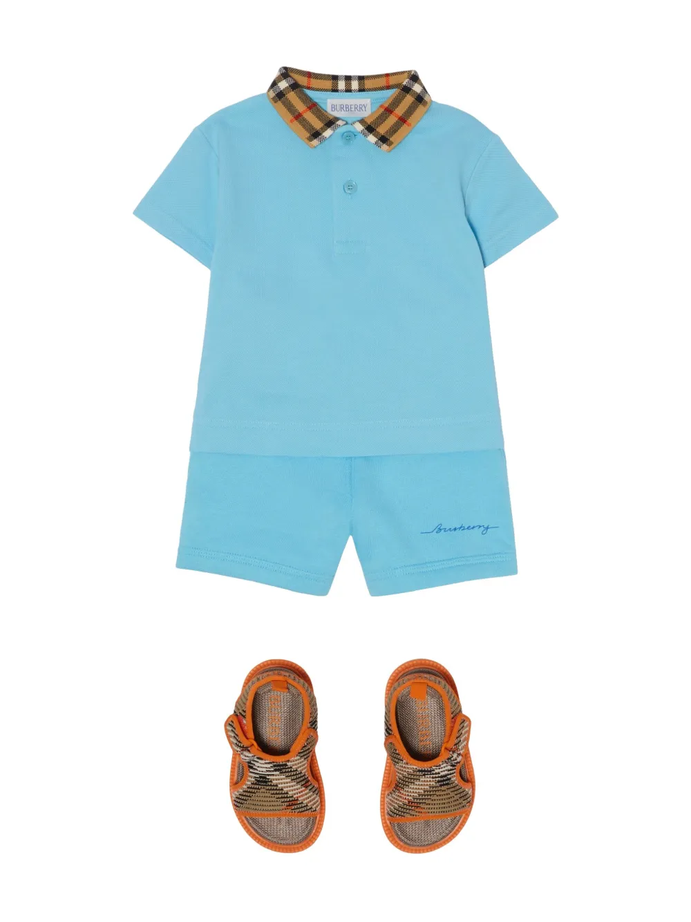Burberry Kids Katoenen poloshirt met geruite afwerking Blauw