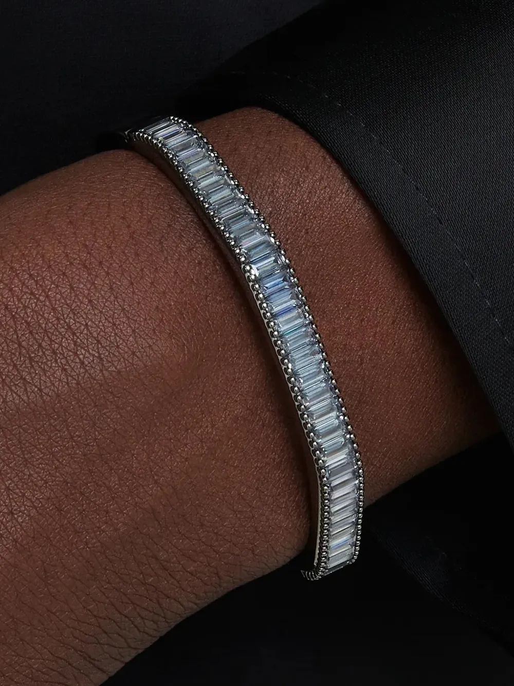 Swarovski Matrix Baguette Cut Blue Ruthenium Plated Bangle Bracelet In Black