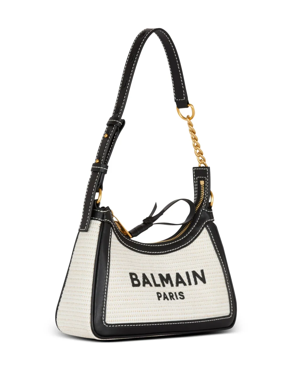 Balmain B-army Shoulder Bag In Raffia And Leather In Neutrals