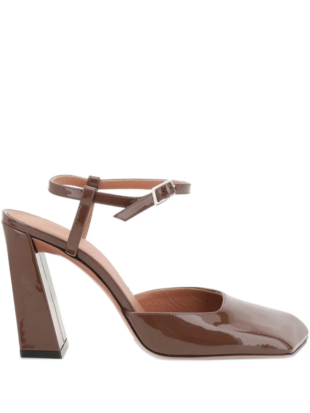 Amina Muaddi 60mm Camelia patent-leather ankle-strap pumps Brown
