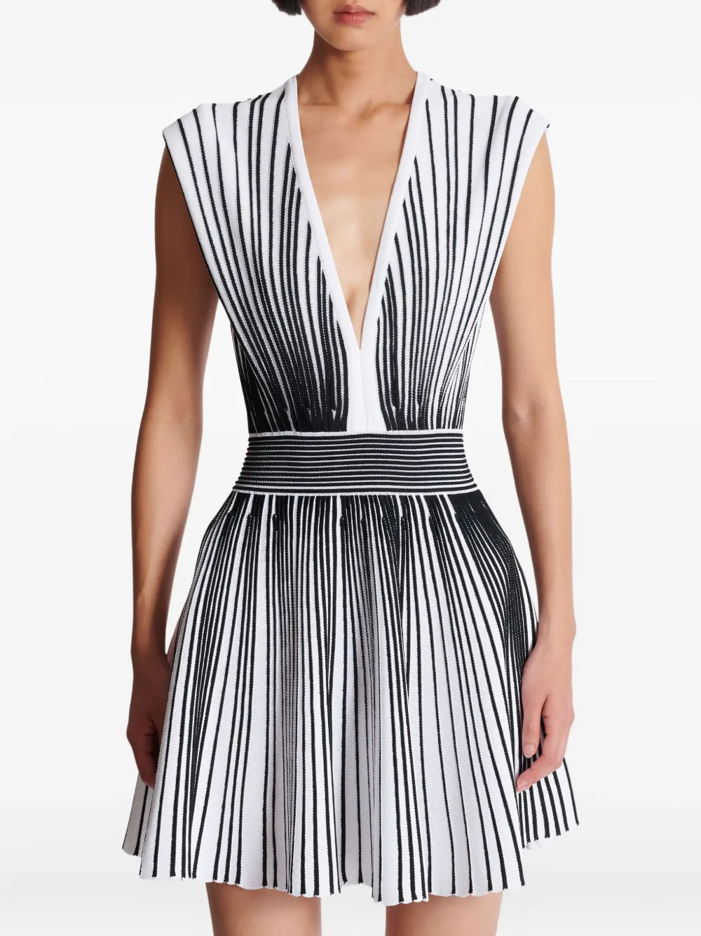 Shop Balmain Two-tone Flared Knitted Dress In White