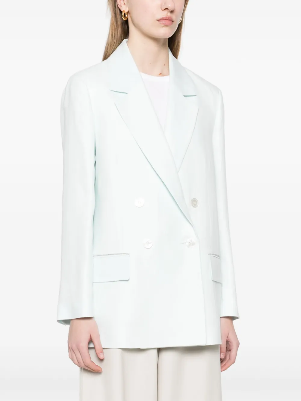 Shop Peserico Double-breasted Linen Blazer In Green