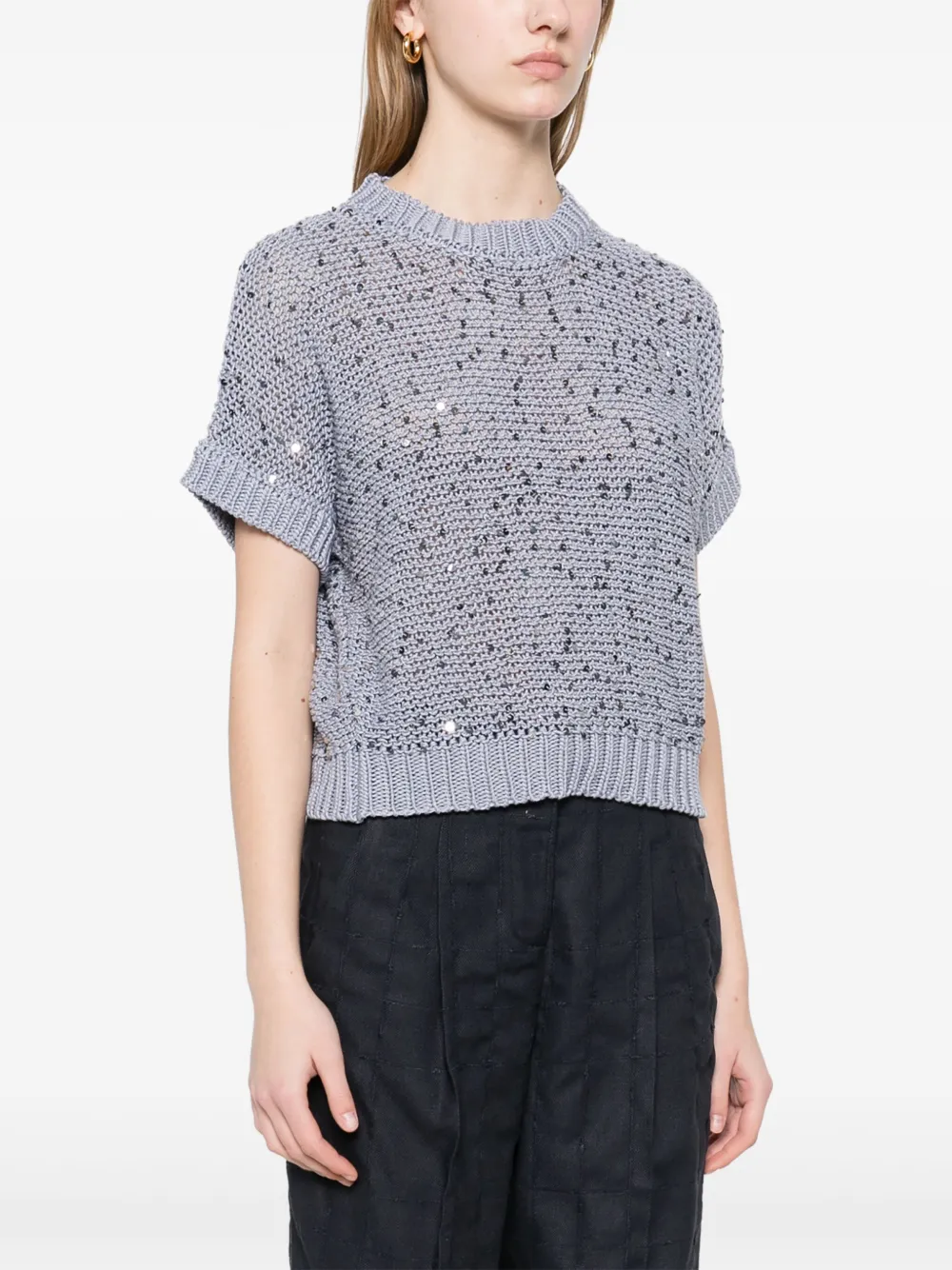 Shop Peserico Sequin-embellished Cotton Top In Blue